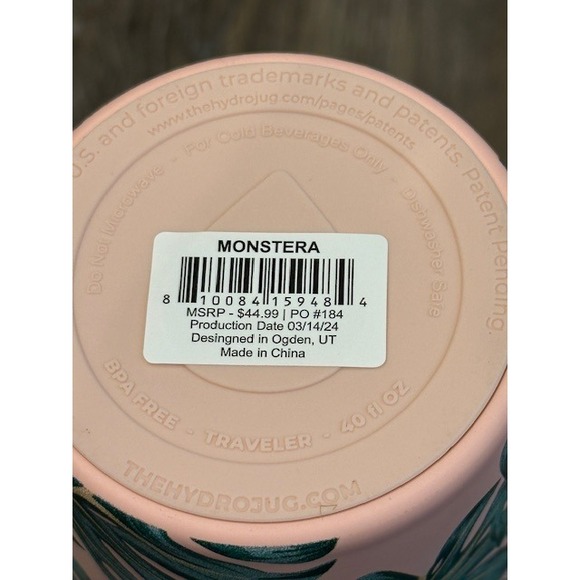 Limited Edition HydroJug Traveler 40oz Monstera Tumbler SOLD OUT Pink and Green - Picture 8 of 8